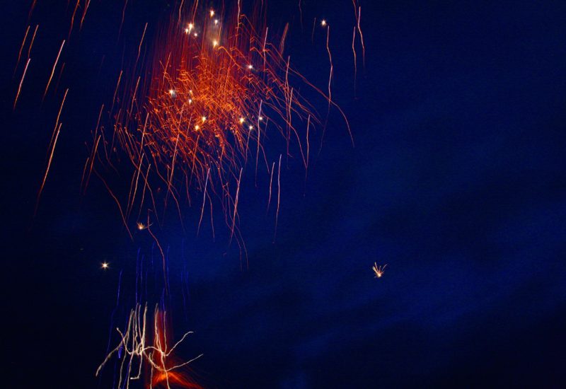 Spectacular fireworks against deep blue night sky